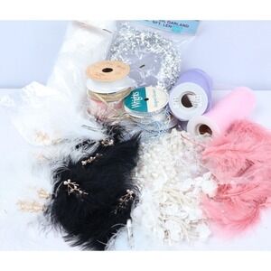 VTG 90s Estate Sale Craft Supply Lot Ribbon Feather Sequins Wedding Bundle Tulle